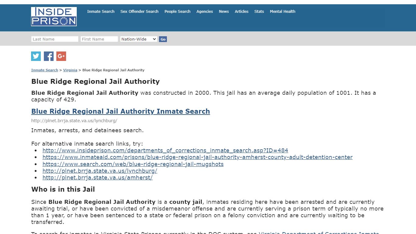 Blue Ridge Regional Jail Authority - Virginia - Inmate Search